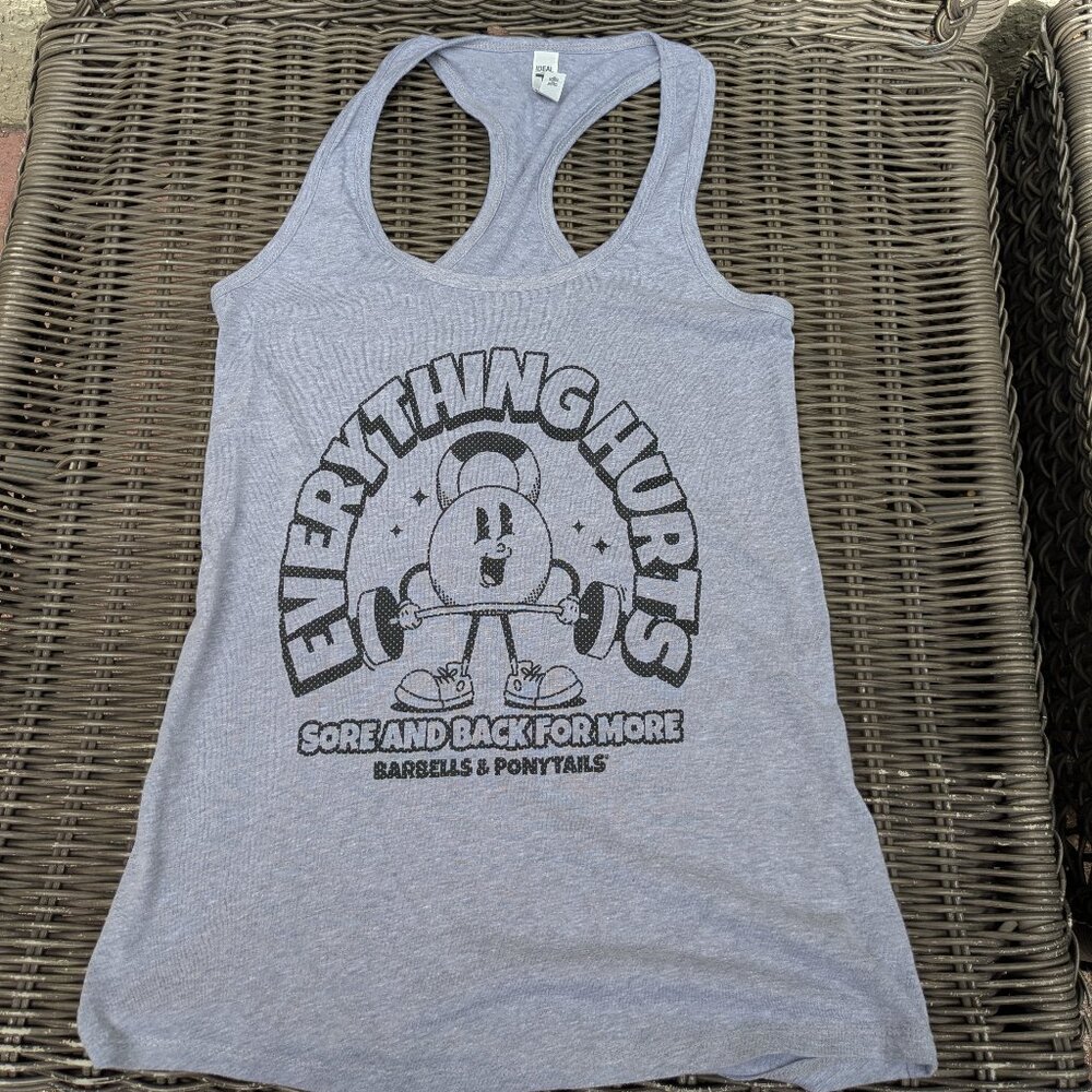 Barbells And Ponytails " Retro Everything Hurts" Racerback Tank Top Sz XS NEW